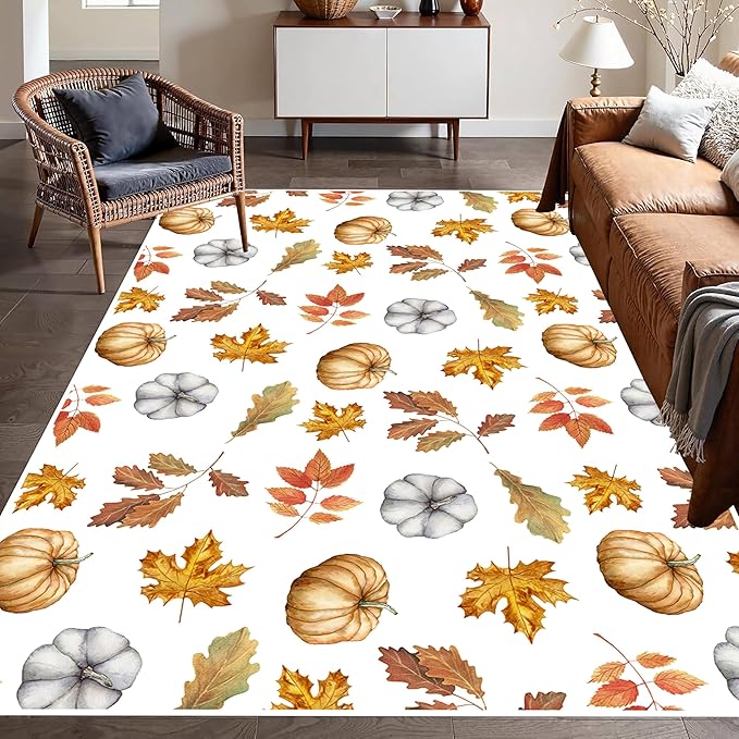 Pumpkin Area Rug, 5x7ft, Fun Vibrant Autumn Harvest Fallen Leaves Pumpkin Plant White Fall Porch Rug, Sturdy Non Slip Easy-Washing Fall Decorations for Home Bedroom