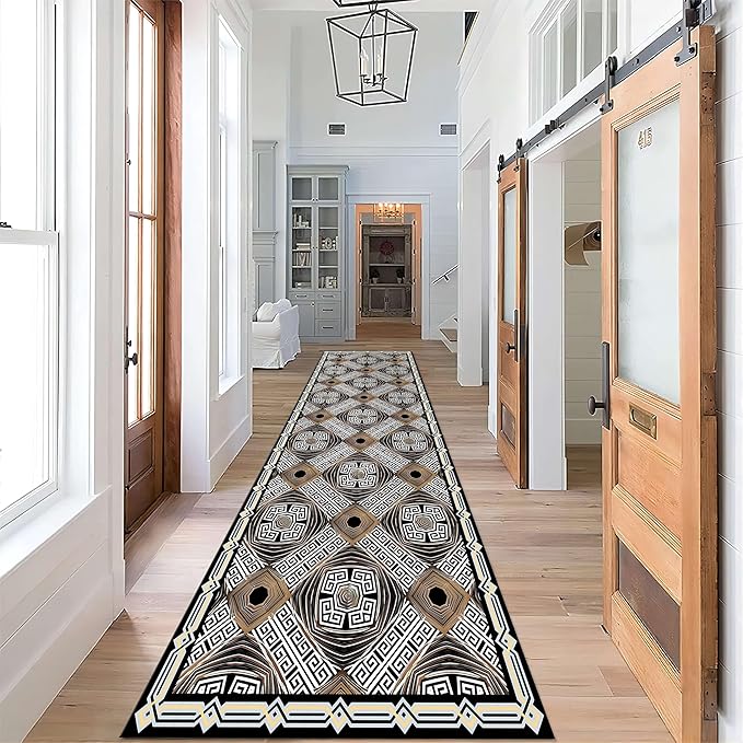 Abstract Black White Geometric Runner Rug, 2x10ft, Luxury Greek Key Rugs for Home Decorative, Greek Spiral Texture Home Decor Non Slip Rugs, Washable Soft Reduce Noise Mat for Bedroom