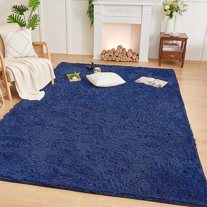 Andency Navy Soft Area Rugs for Living Room Bedroom, 4x6 Fluffy Shaggy Bedside Rug, Non-Slip Large Shag Fuzzy Plush Carpets for Bedroom Kids Dorm Nursery Home Decor Aesthetic