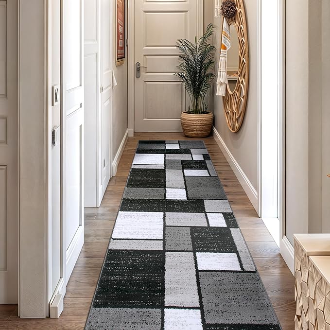 Rugshop Contemporary Modern Boxes for Hallway,Living Room,Bedroom,Kitchen Non Shedding Carpet Runner Rug 2'7" x 8' Gray