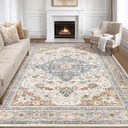 12x18 Rug Living Room: Washable Boho Large Neutral Vintage Soft Area Rug Stain Resistant Distressed Non-Slip Indoor Floor Carpet for Bedroom Nursery Playroom Office Dining Room- Beige Blue