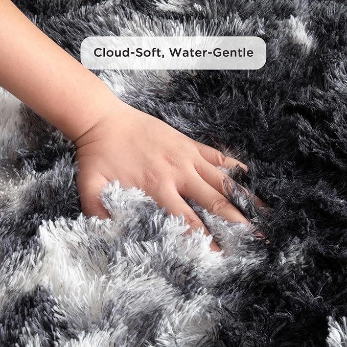 Andency 6x9 Area Rugs, Large Shag Fluffy Soft Shaggy Rugs for Living Room Bedroom, Non-Slip Tie-Dyed White Black Thick Plush Carpet for Kids Girls and Boys, Dorm Nursery Home Decor Aesthetic