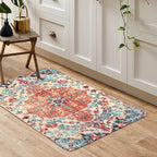 Lahome Bohemian Floral Medallion Area Rug - 2x3 Oriental Distressed Small Bath Rug Country Vintage Doormat Faux Wool Non-Slip Washable Low-Pile Carpet for Bathroom Kitchen Laundry Room Decor