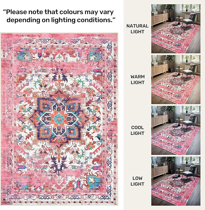 GLN Rugs Traditional Collection - Machine Washable Area Rug, Traditional Washable, Non Slip, Low Pile Chenille Rug, Living Room, Bedroom, Kitchen Rug (6' x 9' Pink/Multicolor)