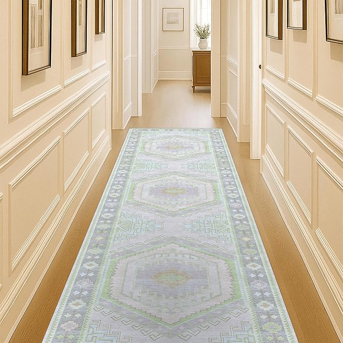 Fame Living Washable Area Rug. Modern Farmhouse. Vintage. Turkish. Bohemian. Distressed. Oriental. Traditional. Rugs for Living Room. Dining. Bedroom. Office. Entryway. Foyer. (856GrnCrm, 2'5" x 6'5")