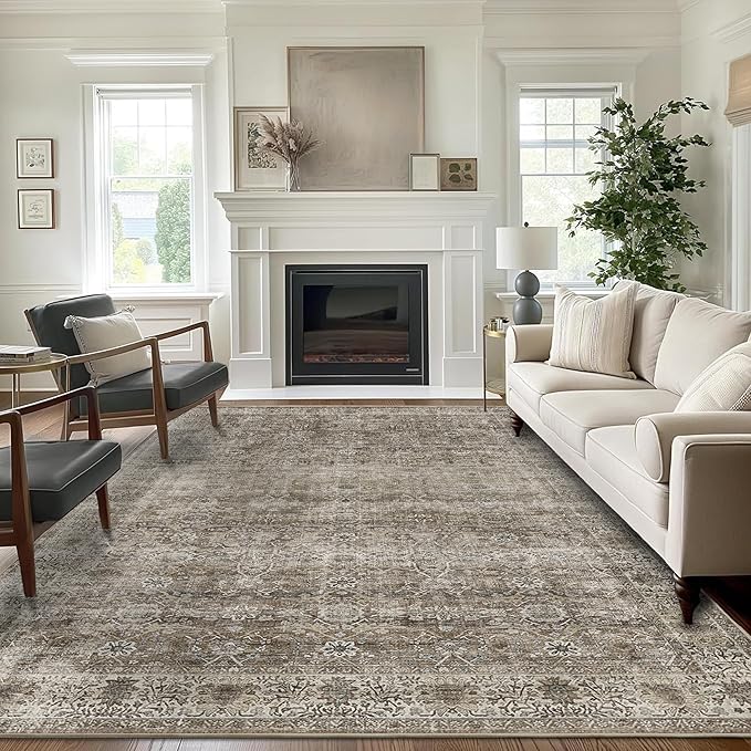 6x9 Washable Rug for Living Room Large Vintage Distressed Bedroom Rug Low Pile Non-Slip Soft Boho Carpets for Bedroom Dining Room Home Office Indoor Nursery Antique/Moss