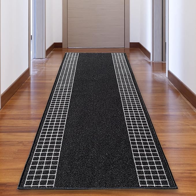 Custom Made Runner Rug for Kitchen Foyer Hallway Entry Choose Your Length 26 Inch Wide Geometric Checkered Design Black Color (47 feet x 26 inch)