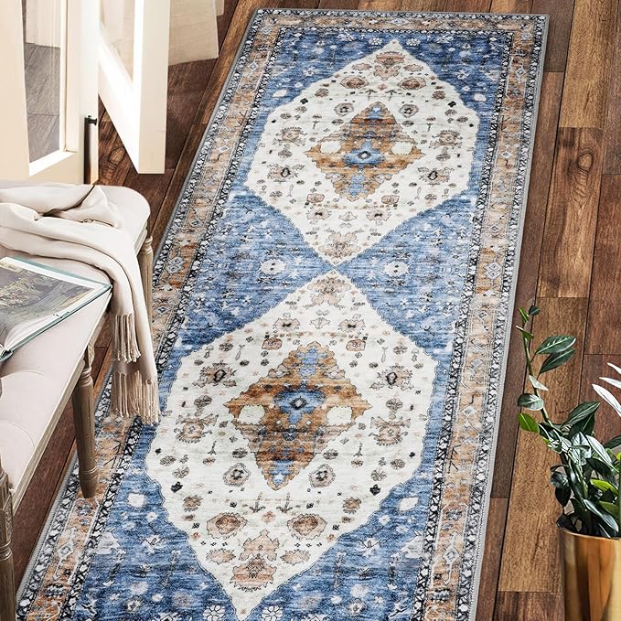 COMSLE Boho Runner Rug, 2 x 7 Ft Washable Area Rugs for Hallway Faux Wool Small Kitchen Distressed Throw Rug Non-Slip Laundry Room Carpet Runner for Entryway Indoor Door Mat Bedroom