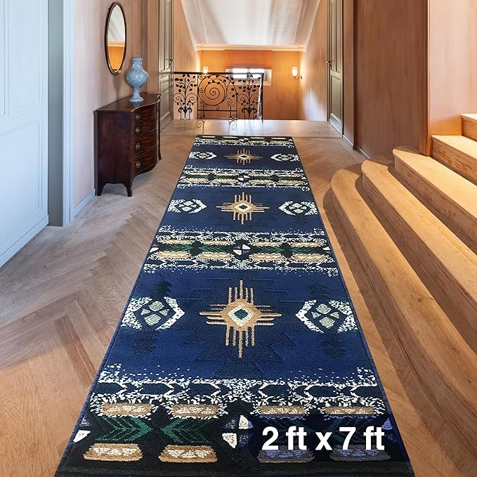 YHSF South West Native American Area Rug C318 - Easy Clean, Thick, Soft, Durable Native Tribal American Indian Inspired Rug for Bedroom/Living Room and More - Navy Blue, 2 Feet x 7 Feet