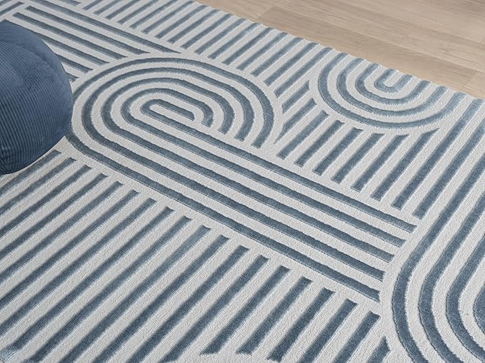 Annabel Modern Geometric Area Rug for Living Room, 6x9 Contemporary Arched and Linear Blue Rug, High-Low Pile Stain Resistant Carpet for Bedroom, Dining Room or Kitchen (6' x 9', Blue)