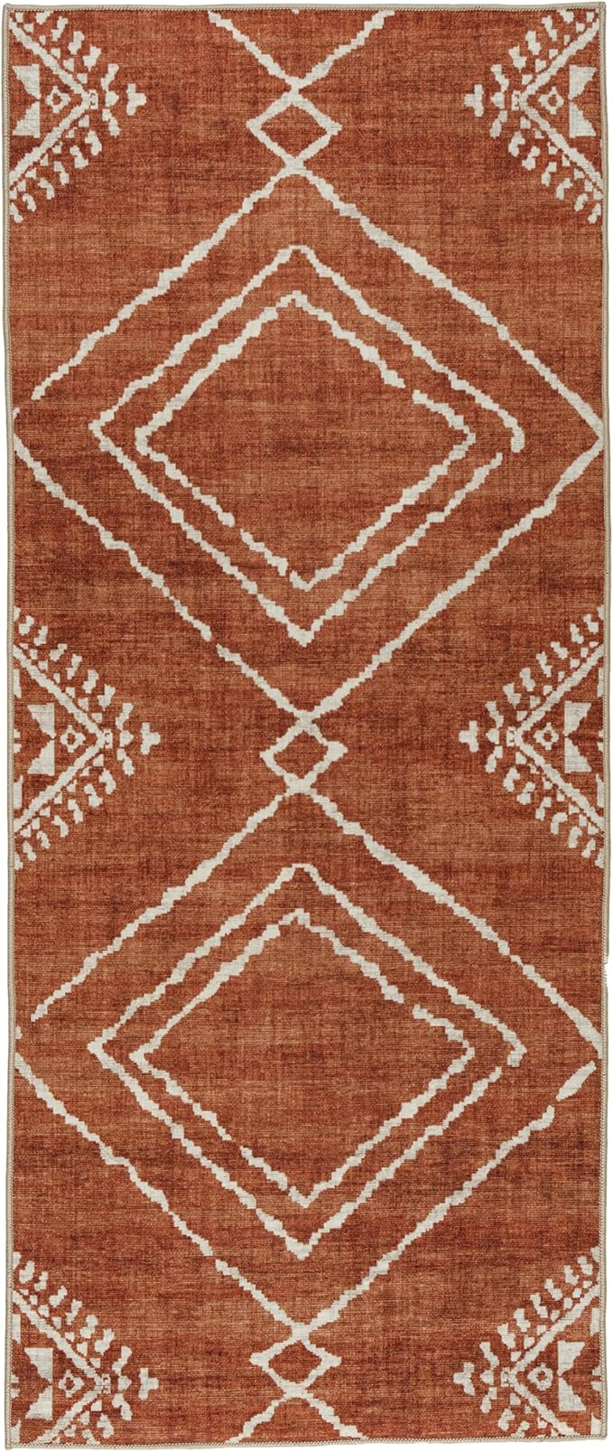 ReaLife Rugs Machine Washable Area Rug Runner - Living Room Bedroom Bathroom Kitchen Entryway Office - Padded Low Pile Stain Resistant Premium - Moroccan Diamond Tribal - Jax - Orange 2'6" x 8'