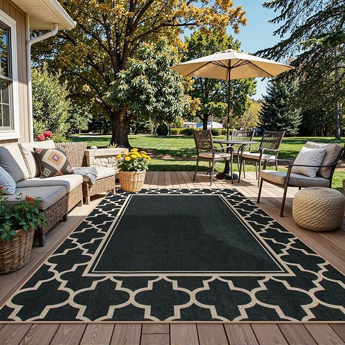 Moynesa Moroccan Easy Jute Outdoor Rug 8x10, Black Washable Living Room Rug Indoor Outdoor Patio Rug Non Slip, Geometric Farmhouse Carpet for Backyard Bedroom Dining Room