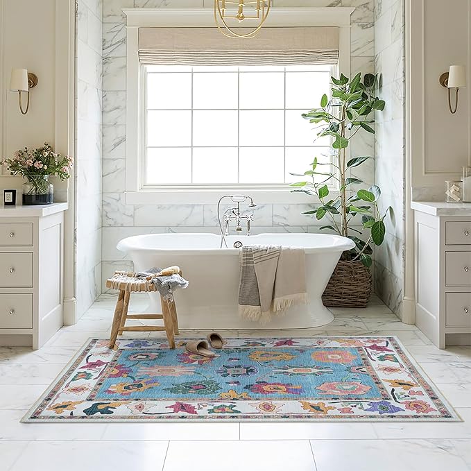 Fame Living Colorful Oushak Rug, Modern, Vintage, Turkish, Eclectic, Floral, Pastel, Washable, Area Rugs for Living Room, Dining, Bedroom, Office, Entryway, Foyer, Playroom, Nursery, 5'x6'9"