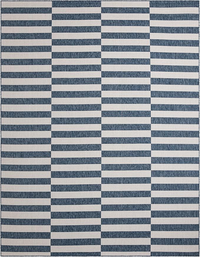 Unique Loom Outdoor Striped Collection Area Rug - Striped (10' x 13' 1" Rectangle Blue/Ivory)
