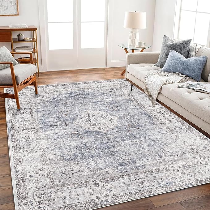 Washable Area Rug 3'x5' Vintage Traditional Floor Cover Foldable Thin Rugs Retro Kitchen Indoor Distressed Non Slip Carpet Floral Print Mat Bedroom Living Room