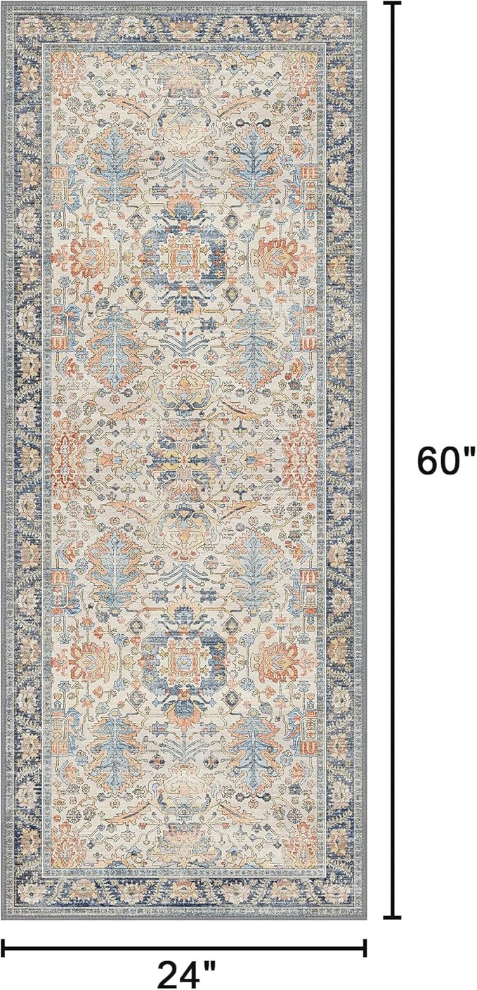 Bavni Runner Rug, Machine Washable Rugs for Bedroom 2x5, Non Slip Boho Rugs with Rubber Backing, Ultra-Thin Folable Rug Runner for Hallways Bathroom, Teal/Multi