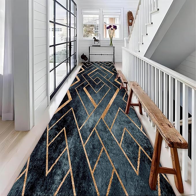 Navy Blue Gold Geometric Rug Runners for Hallways, 2x10ft, Modern Gold Line Indoor Carpet, Minimalist Art Durable Fade Resistant Rugs, Anti-Skid High Traffic Rugs for Kitchen LaundryRoom