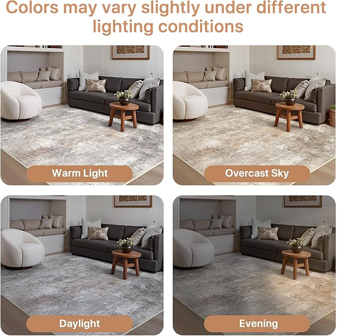 GENIMO Washable 8x10 Area Rugs for Living Room, Non Slip Modern Abstract Rug, Machine Washable Stain Resistant Low Pile Soft Carpet for Bedroom, Dining, Office, Light Grey Brown