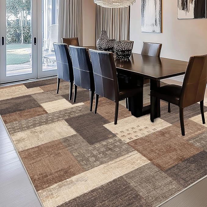 Modern Geometric Patchwork Indoor Area Rug for Living Room, Beige 5'x 7' Large Rug Rockwood Collection Hardwood Floors Decor for Bedroom, Beige Throw Carpet for Office Entryway Dining Room
