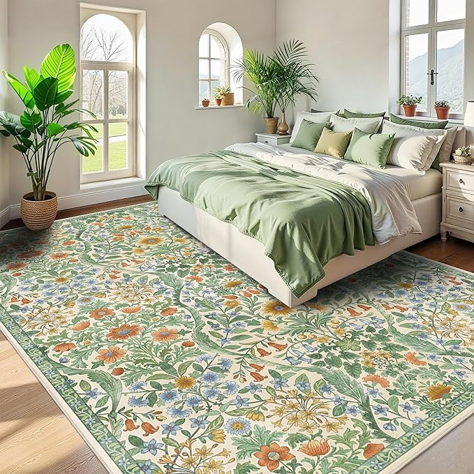 9x12 Grass Green Vintage Floral Area Rug,Washable Large Boho Living Room Rugs,Botanical Print Non-Slip Stain Resistant Lightweight Carpet for Bedroom Dining Room Nursery