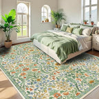 9x12 Grass Green Vintage Floral Area Rug,Washable Large Boho Living Room Rugs,Botanical Print Non-Slip Stain Resistant Lightweight Carpet for Bedroom Dining Room Nursery