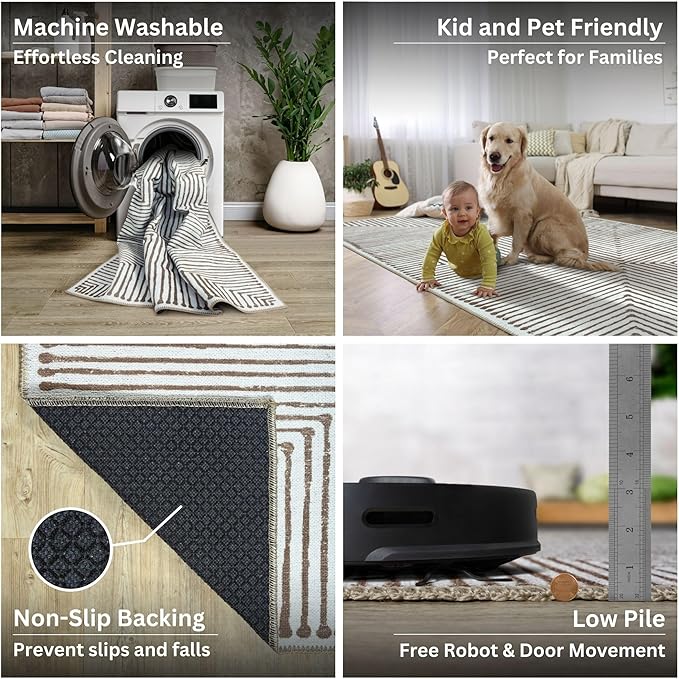 Bloom Rugs Washable Non-Slip 4' x 6' Rug - Brown Striped Area Rug for Living Room, Bedroom, Dining Room, and Kitchen - Exact Size: 4' x 6'