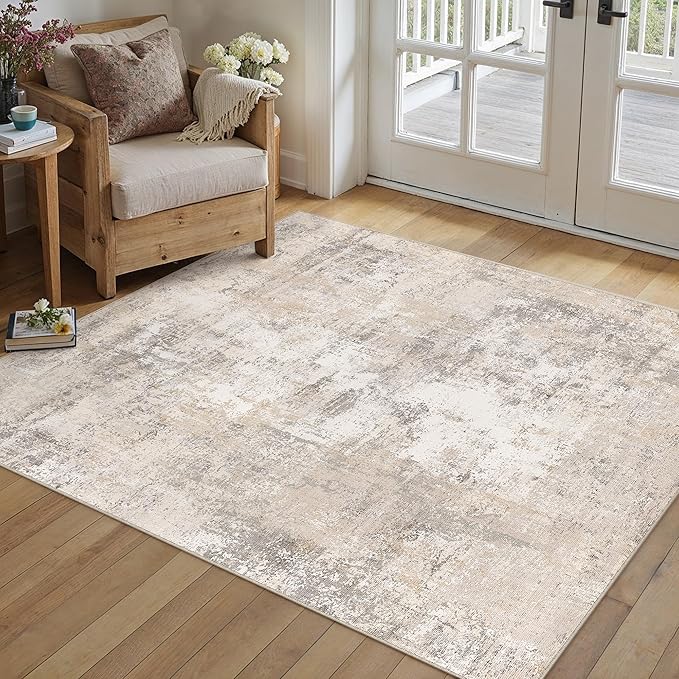 4x6 Washable Area Rug Beige Grey Abstract Entryway Office Throw Rug Neutral Modern Non Slip Soft Low Pile Indoor Carpet for Living Room Bedroom Kitchen Entrance