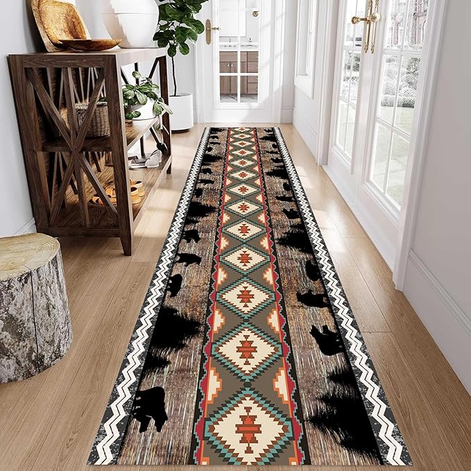 Southwestern Runner Rug, 2x10ft, Rustic Lodge Aztec Country Bear Decorative Runner Rug, Vintage Forest Birch Wild Animal Print Entrance Hallway Rug, Soft Non-Slip Carpet for Living Room Bedroom