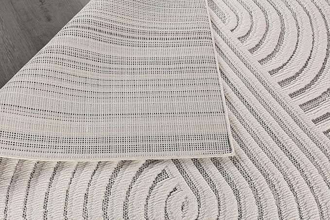 CAMILSON Modern Rug 5x7 Luxury Swirl Curved Micro Loop Area Rugs Soft High-Low Pile Stain Resistant Easy to Clean Non-Shedding Durable Living Room Office Indoor Carpet (White)