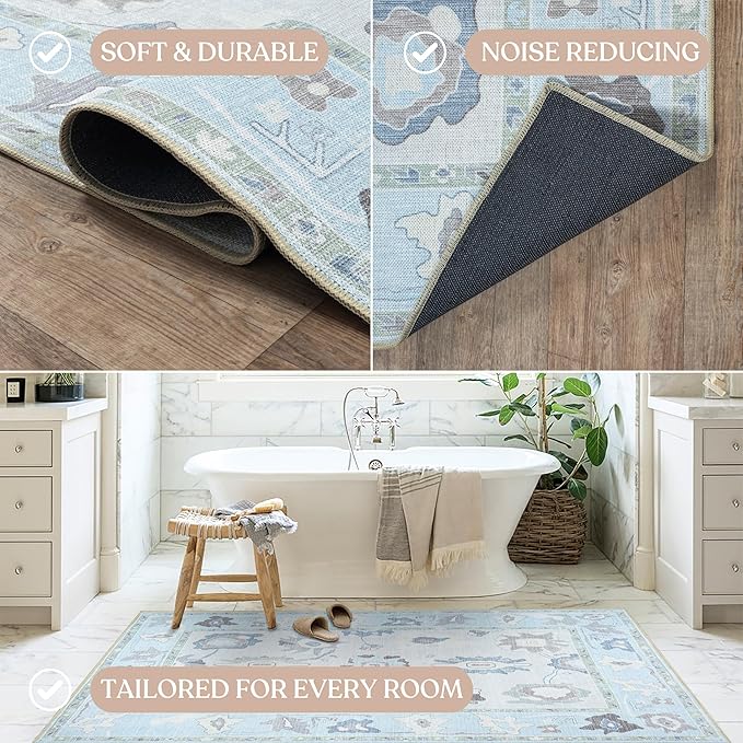 Fame Living Cream Blue Oushak Runner Rug, Modern Runners, Vintage, Turkish, Eclectic, Floral, Pastel, Washable, Long Runner Rugs for Hallway, Kitchen, Living Room, Bedroom, Kitchen, Bathroom, 2'5"x13'