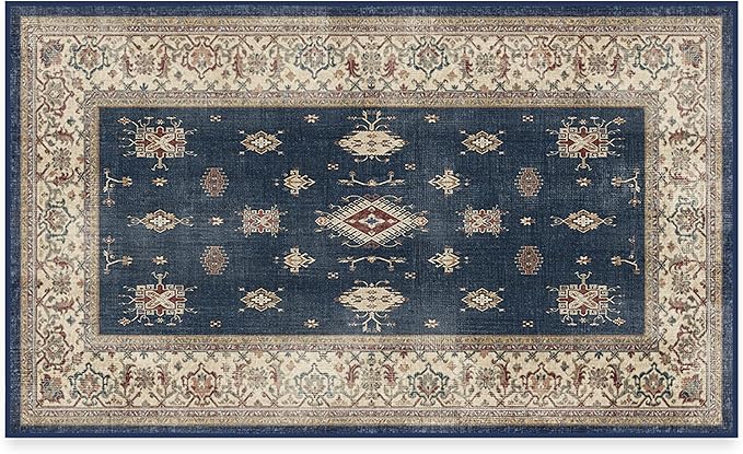 RUGGABLE Washable Vintage Area Rug – Verena Sapphire 3x5, Stain-Resistant, Non-Slip – Small Machine Washable Rugs for Living Room, Bedroom, Hallway, Entryway & Office–with Standard Pad