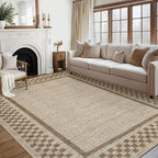GarveeHome Washable Area Rug 4x6 Small Living Room Rugs Modern Bordered Soft Dining Room Throw Carpet Low Pile Non Slip Checkered Bedroom Rug Geometric Carpet for Nursery Kitchen Home Office, Taupe