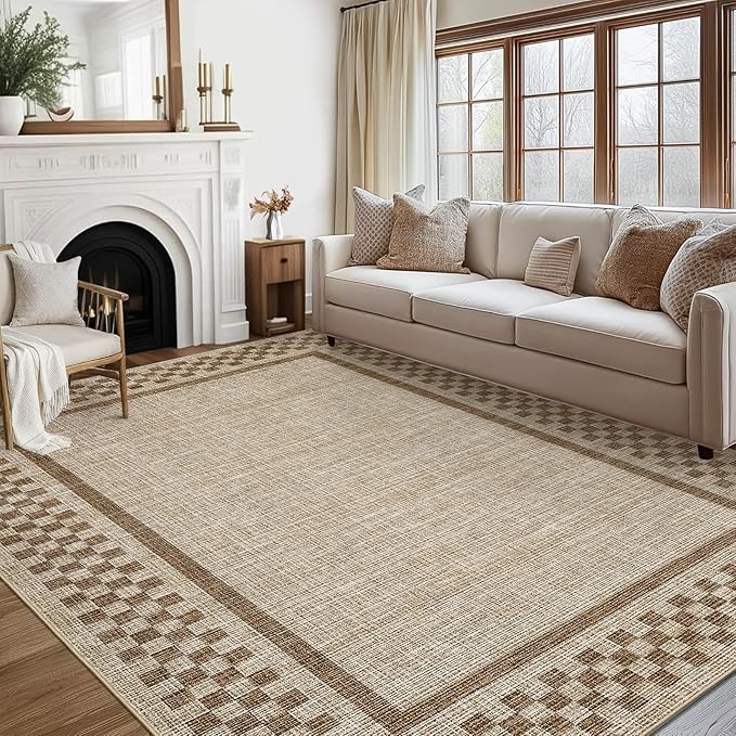 GarveeHome 5x7 Washable Area Rug for Bedroom Living Room Non Slip Modern Bordered Throw Rugs Low Pile Soft Checkered Dining Room Area Rugs Geometric Throw Carpet for Kitchen Nursery Office, Taupe