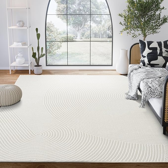 Abani Cream Area Rug 8' x 10' for Living Room, Bedroom - Zen Reiki Circles Pattern - Durable & Easy to Clean