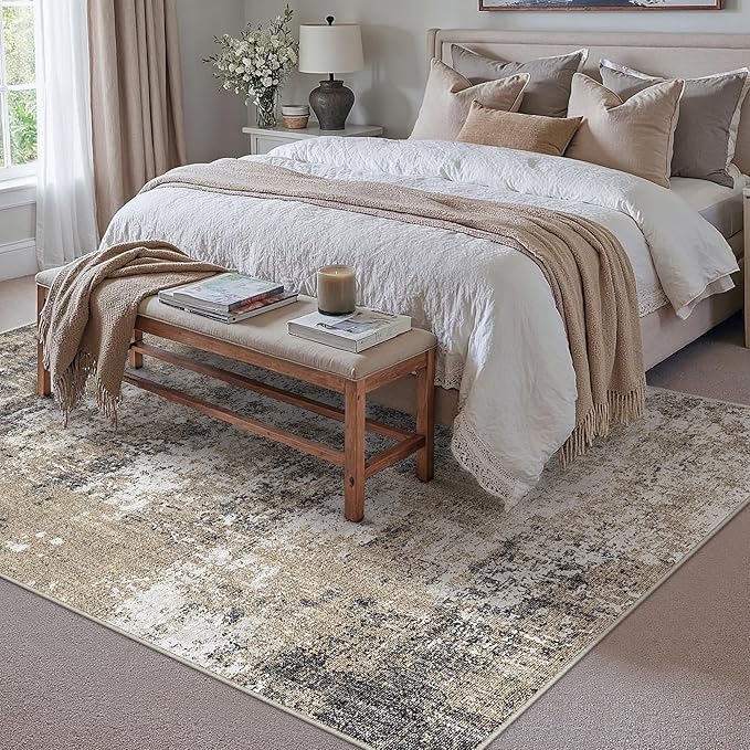 6x9 Abstract Area Rug Brown Washable Modern Neutral Living Room Carpet Non Slip Ultra Soft Low Pile Contemporary Bedroom Large Rug Indoor Office Dining Room Under Table Playroom