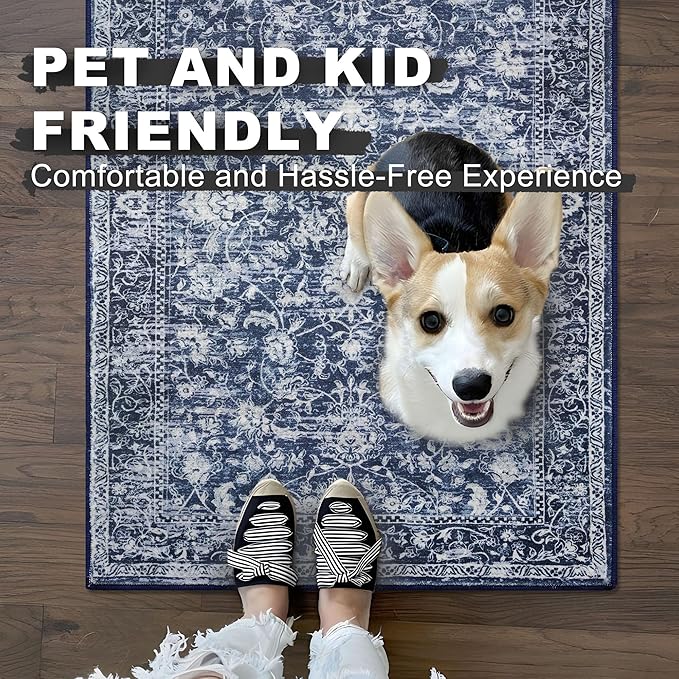 KILOCOCO Area Rug 6x9 Living Room Rug Washable Printed Vintage Floral Non Slip Soft Rubber Backed Indoor Bedroom Rugs for Laundry Room Kitchen Playroom Moroccan Area Rugs, Blue