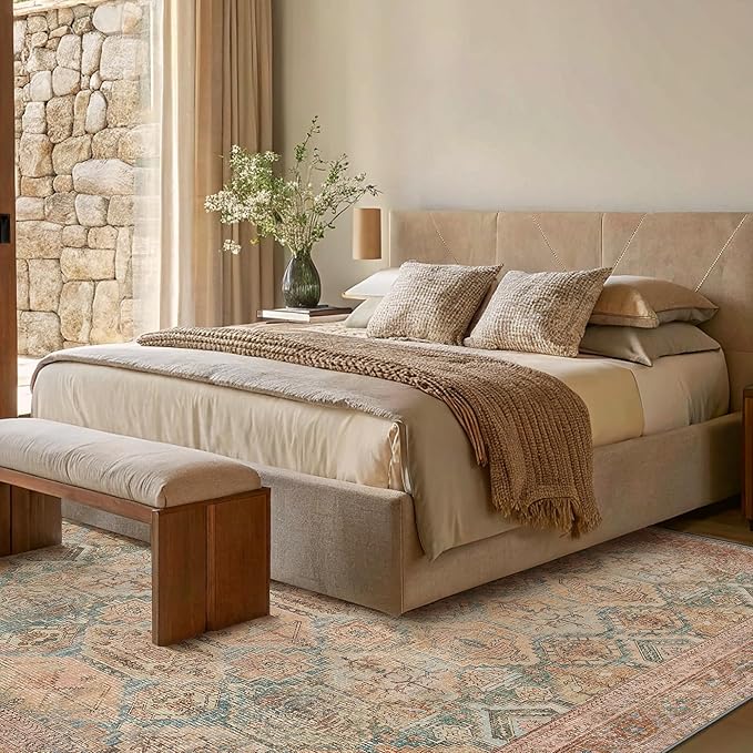 Bavni Washable Rug 6x9 Area Rug for Living Room Bedroom Dining, Washable Vintage Print Carpet, Ultra-Thin Chenille Low Pile Lightweight Rug with Non Slip Backing, Clay