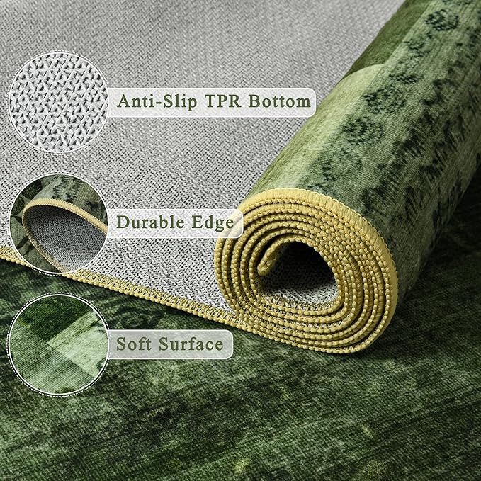 Tepook Modern Area Rug for Living Room, 8x10 Geometric Large Rugs for Bedroom, Washable Patchwork Rug Indoor Non-Slip Throw Carpets for Dining Room Office Farmhouse Home Decor, Green