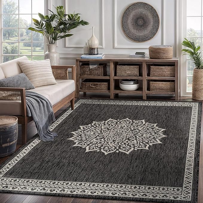 CAMILSON Outdoor Rug 6x9 Medallion Darkgray Modern Area Rugs for Indoor and Outdoor Patios Kitchen and Hallway Mats Washable Porch Deck Outside Carpet (Medallion Darkgray 6 x 9)