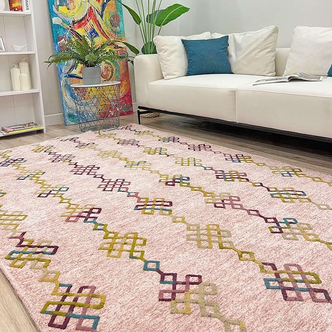 Alfa Rich 5x8 Light Pink Washable Area Rugs for Living Room Bedroom Kitchen Girls Decor Cotton Rug