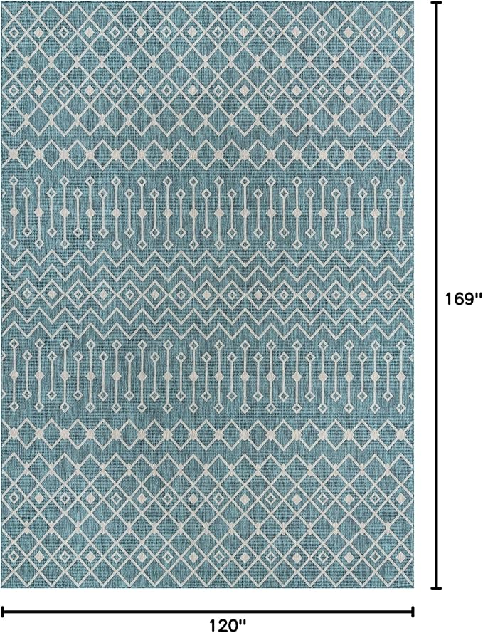 Unique Loom Outdoor Trellis Collection Area Rug - Tribal Trellis (10' x 14' 1" Rectangle, Teal/ Ivory)