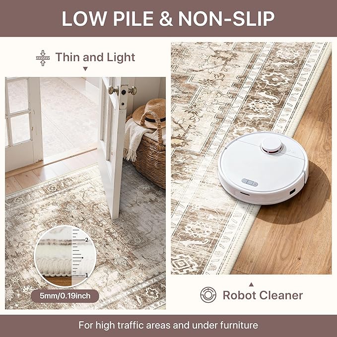 Runner Rug 2'6''x6 Non Slip Machine Washable Vintage Hallway Runner Rug, Low PileLight Weight Rugs for Entryway, Hallway, Kitchen and Corridor, Latte Beige