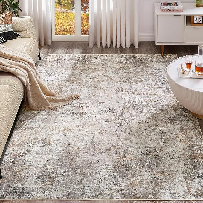 6x9 Area Rug Living Room Rugs - Washable Neutral Modern Abstract Soft Thin Large Rug Indoor Floor No Slip Rug Carpet for Bedroom Under Dining Table Home Office Decor - Brown Grey