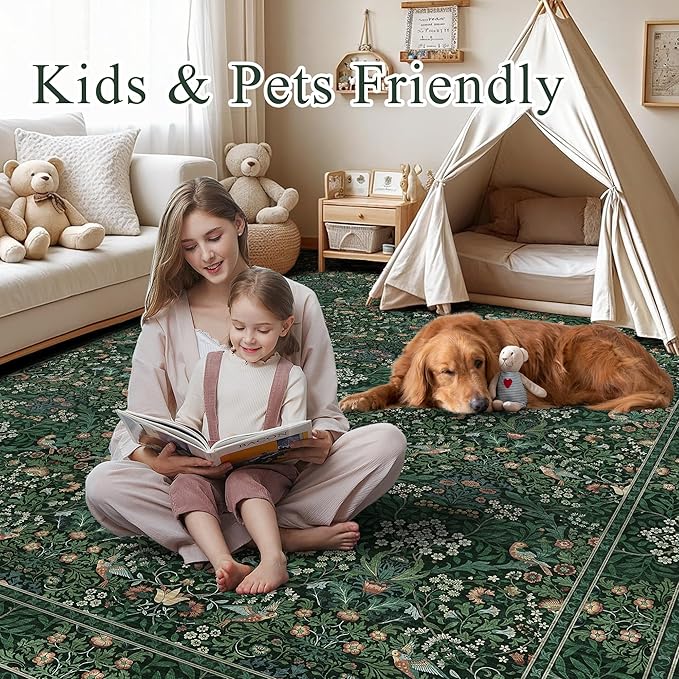2x3 Floral Washable Area Rugs for Living Room, Vintage Boho Rug for Bedroom Dining Room， Distressed Botanical Birds Non Slip Low Pile Forest Animal Throw Carpet for Farmhouse Office, Bright Green