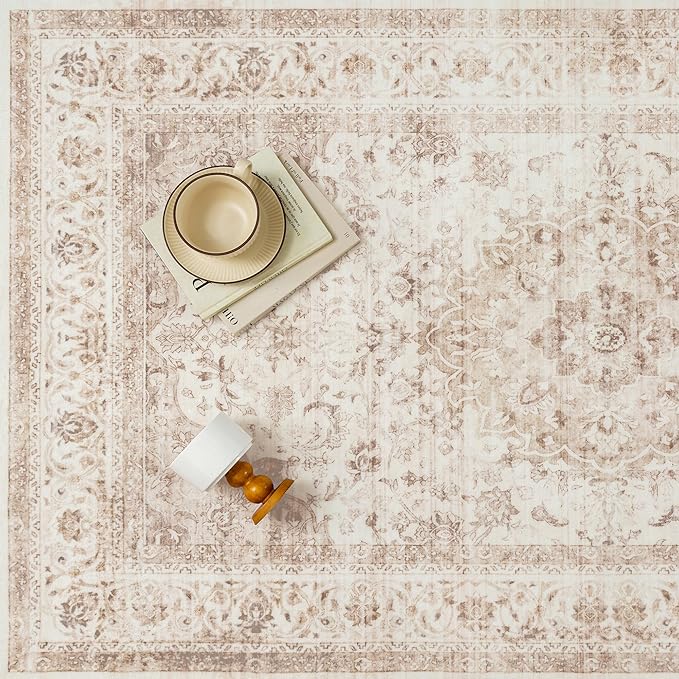 2x6 Beige Washable Vintage Area Rug for Living Room Bedroom Soft Tranditional Non Slip Runner Rug Lightweight Floral Low Pile Distressed Runner Entrance Laundry Room Hallway