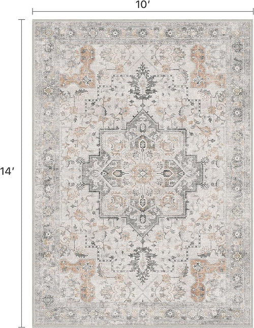 10x14 Area Rugs for Living Room, Non Slip Machine Washable Vintage Rugs, Low Pile Lightweight Print Large Rug for Bedroom, Dining Room, Home Office, Light Taupe Brown
