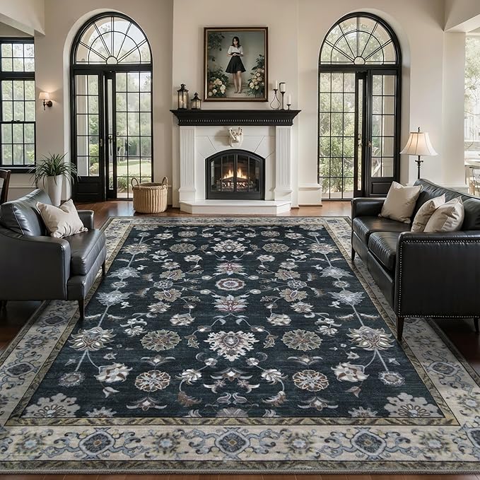 Tangsoo Black 8x10 Washable Area Rugs for Living Room, Floral Vintage Indoor Non Slip Large Area Rugs, Print Carpet Soft Low Pile Foldable Floor Rug for Bedroom Dining Room Dorm
