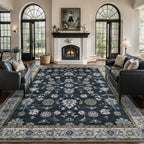 Tangsoo Black 8x10 Washable Area Rugs for Living Room, Floral Vintage Indoor Non Slip Large Area Rugs, Print Carpet Soft Low Pile Foldable Floor Rug for Bedroom Dining Room Dorm