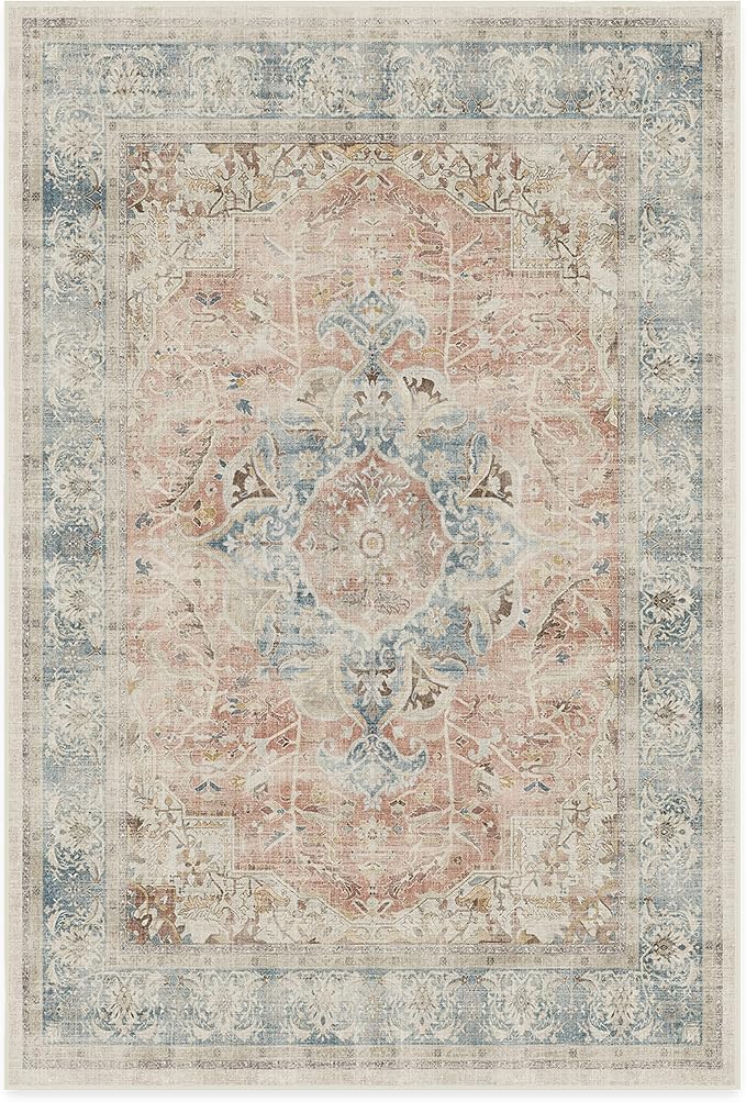 RUGGABLE Washable Vintage Area Rug – Sarrah Coral 6x9, Stain-Resistant, Non-Slip – Medium Machine Washable Rugs for Living Room, Bedroom, Hallway, Entryway & Office–with Cushioned Pad