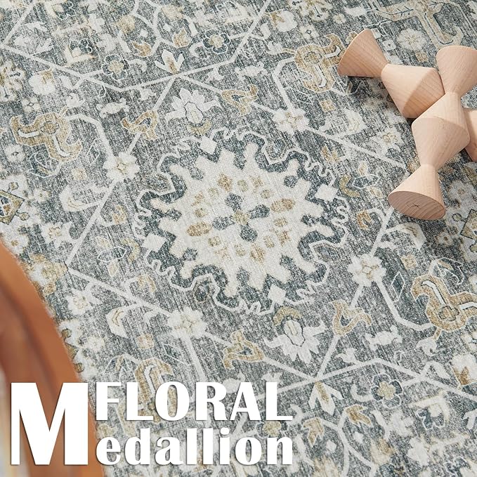 jinchan Area Rug 6x9 Washable Living Room Rug Vintage Distressed Gray Multi Floral Floor Cover Indoor Mat Retro Carpet Bedroom Kitchen Office Farmhouse Grey